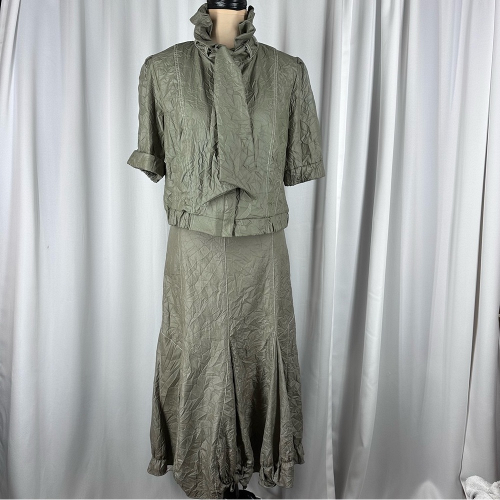Vintage Svetlana Skirt And Top Set Sz 10 Crinkle Crushed Texture High Collar Tie